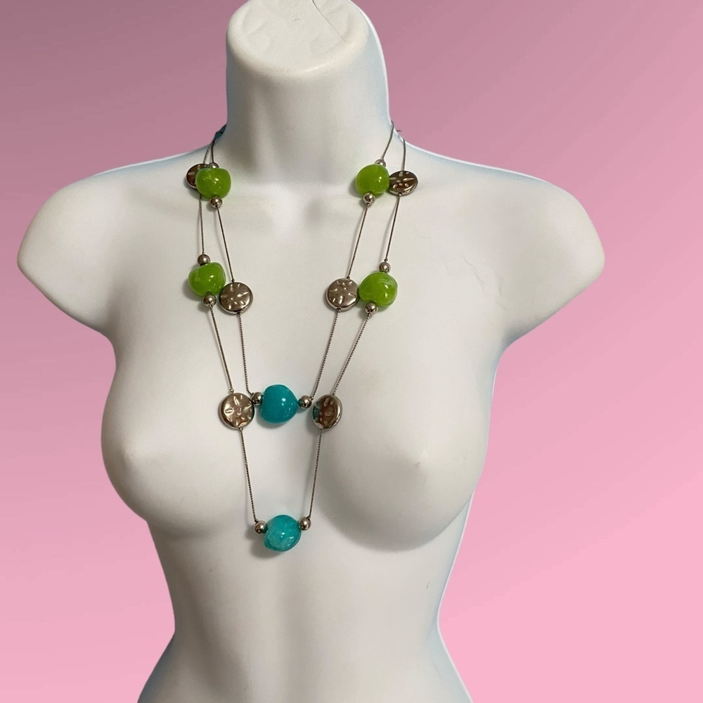 Blue Green Acrylic Beads Silver Tone Long Necklace